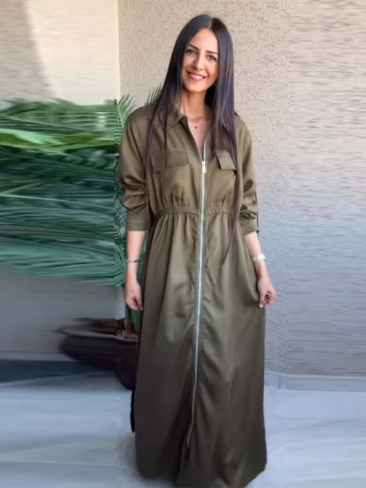 Women's Fashion Zipper Waist Long Dress Casual Solid Laple Full Sleeve A-line Long Robe Lady 2025 Autumn Chic Loose Streetwear