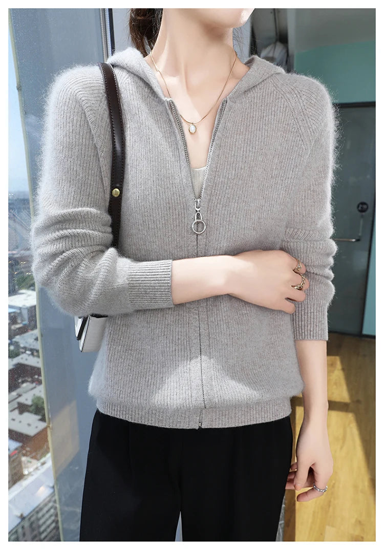 Loose Hooded Cashmere Knit Zipper Cardigan for Women