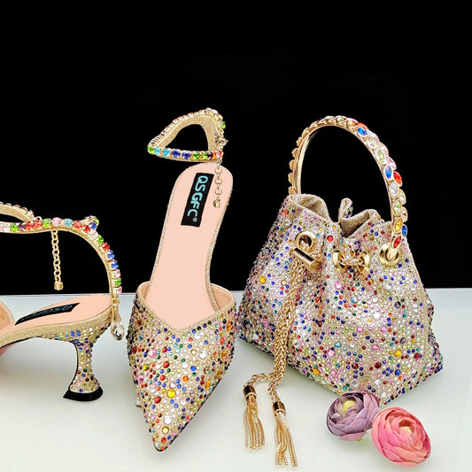 New Colorful Diamond Pointed Shoes Bag Soft Bag Anklet Design Middle Heel Women A Pair Fashion Shoes Suitable For Wedding Party