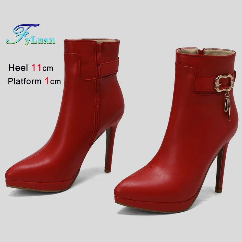Red High Heel Pointed Toe Ankle Boots