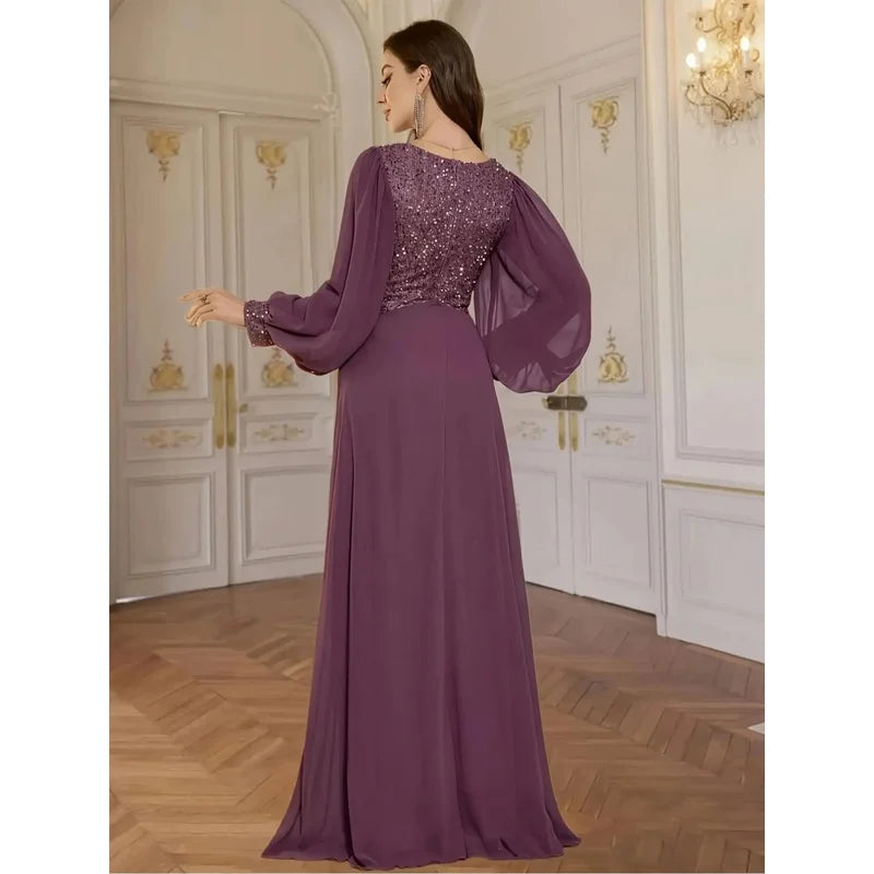 V-Neck Sequined Chiffon Evening Gown