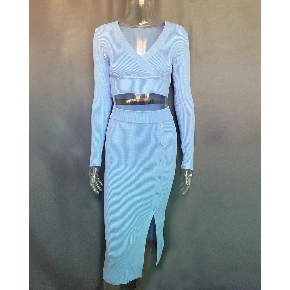 Casual Autumn Women V-Neck Long Sleeve Ribbed Knit Top & Button Slit Midi Skirt Set Slim Fit Two Pieces Dress Set