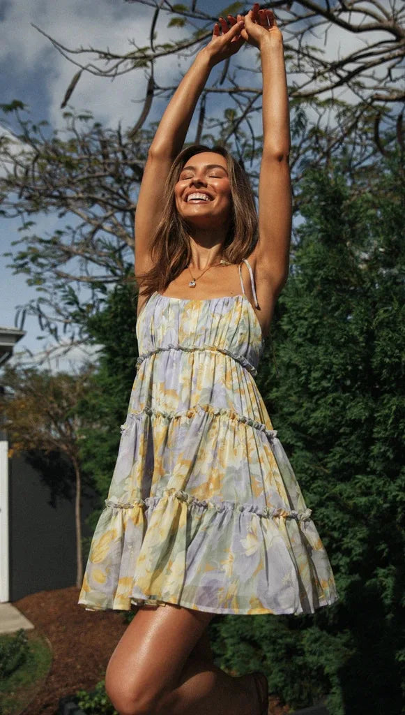 Vintage Print Chiffon Backless Summer Midi Dress For Women