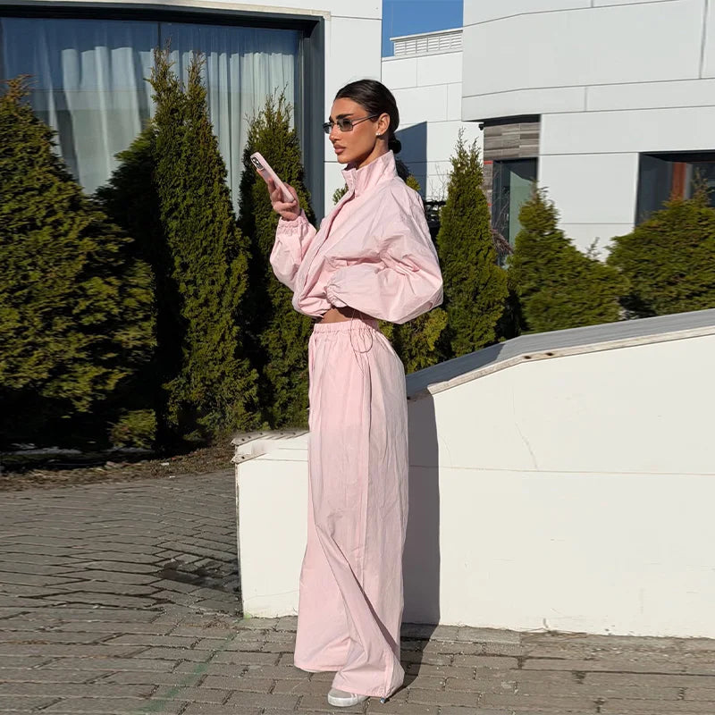 Solid Loose Suit Set with Stand Collar Crop Top and Drawstring Pants for Women