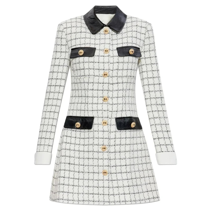 High-end French Fashion White Plaid Tweed Coat High Waist Short Skirt Long Sleeve Dress 2025 Autumn Winter Women's Clothing
