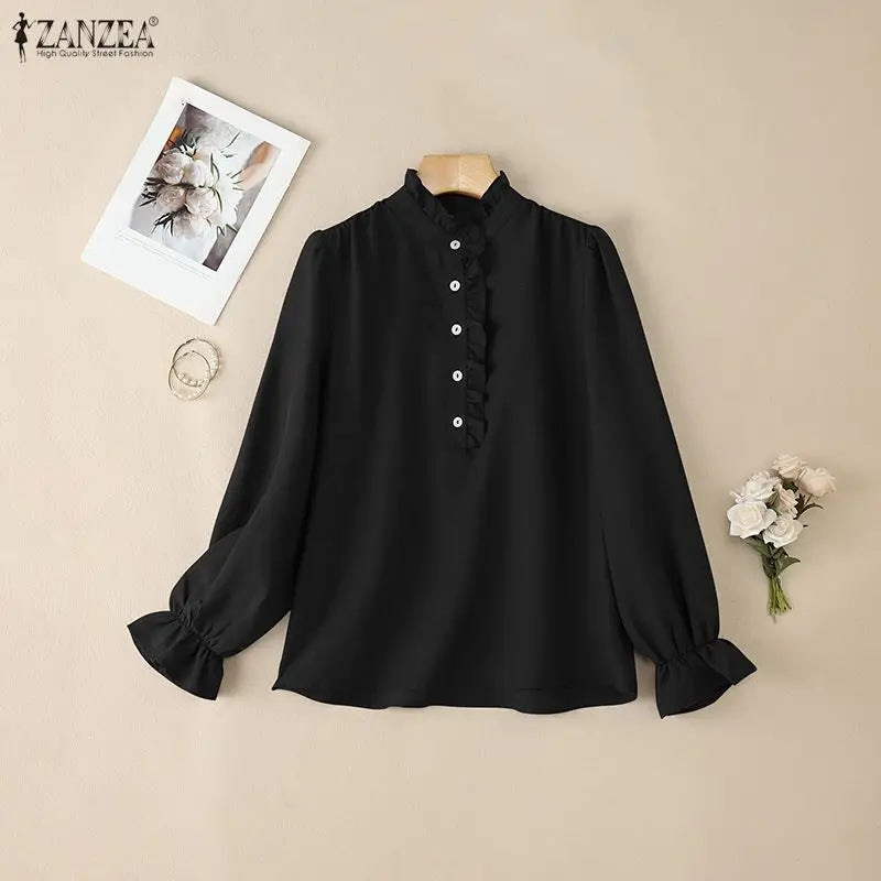 Elegant Ruffled Trim Long Sleeve Blouse for Women