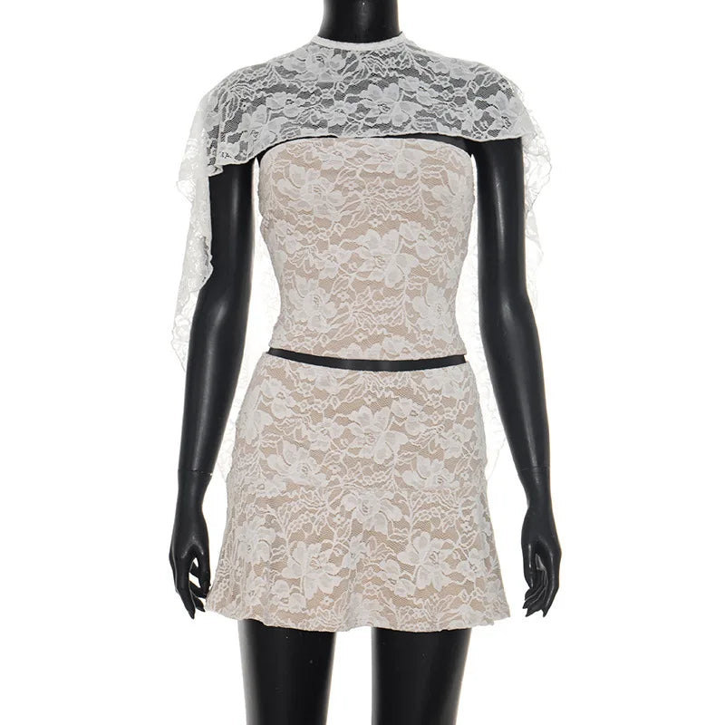 Elegant Lace Embroidery Shawl Strapless Top and Mini Skirt Set for Women