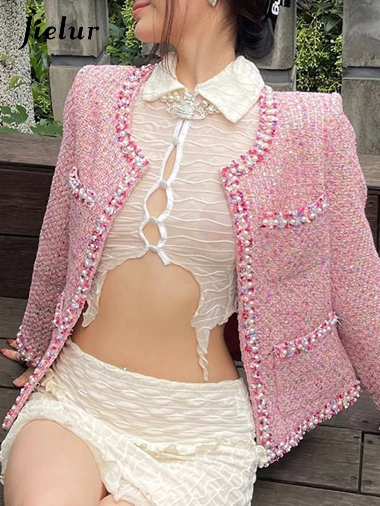 Elegant Pink Long Sleeve Jacket With Pockets for Women