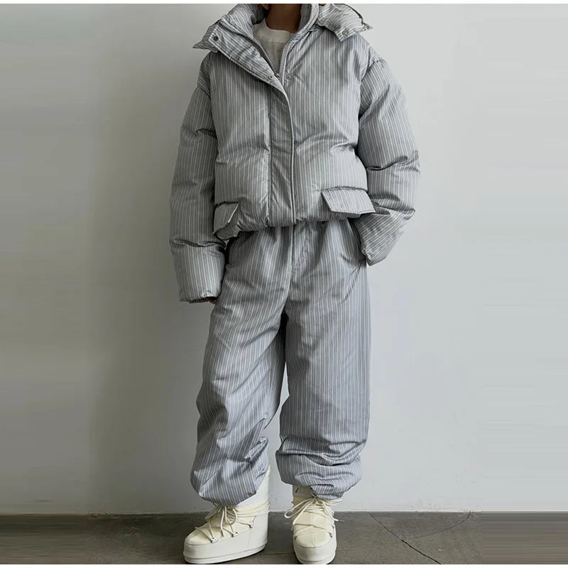 Striped Hooded Puffer Jacket and Wide Leg Pants Set for Women
