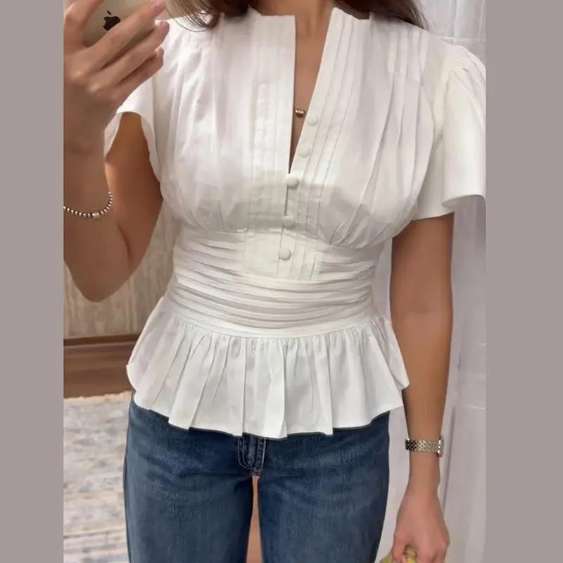 Elegant Puff Sleeve Cinched Waist Solid Color Blouse for Women