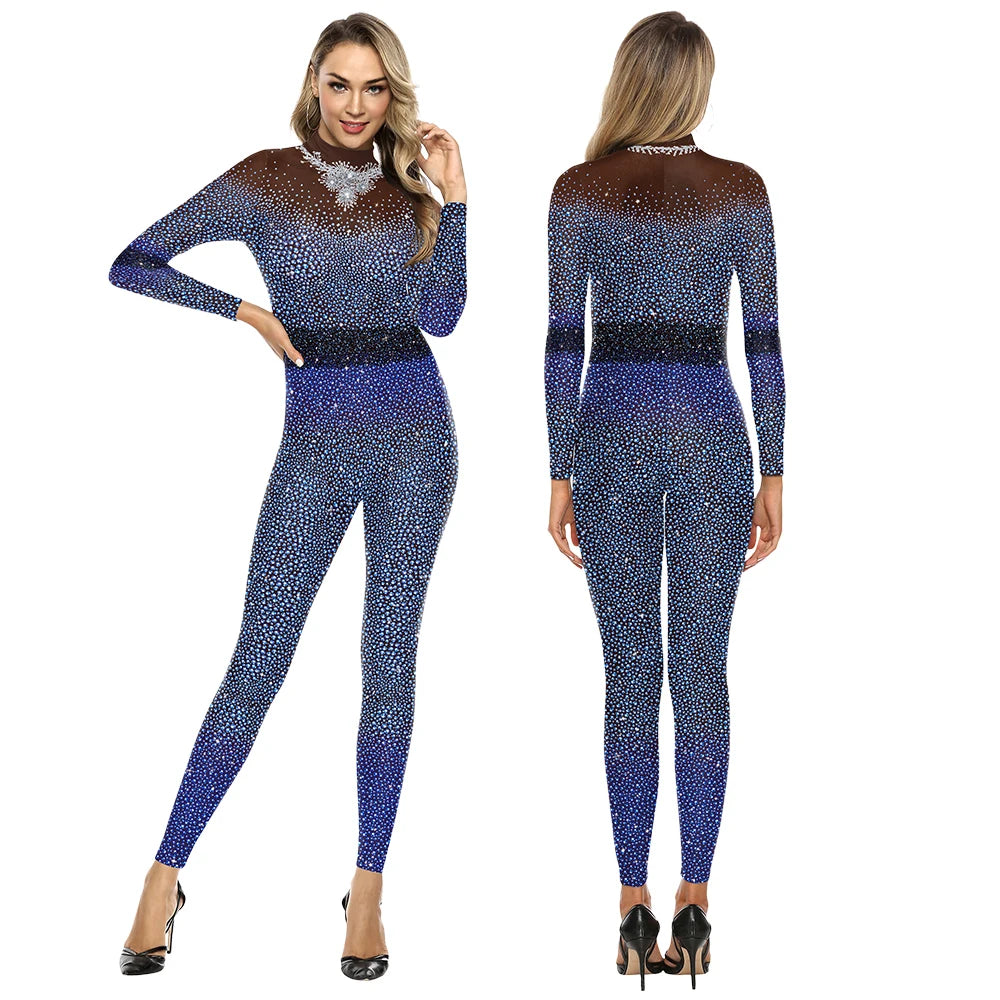 Elegant Skin Color Rhinestone Print Jumpsuit for Women