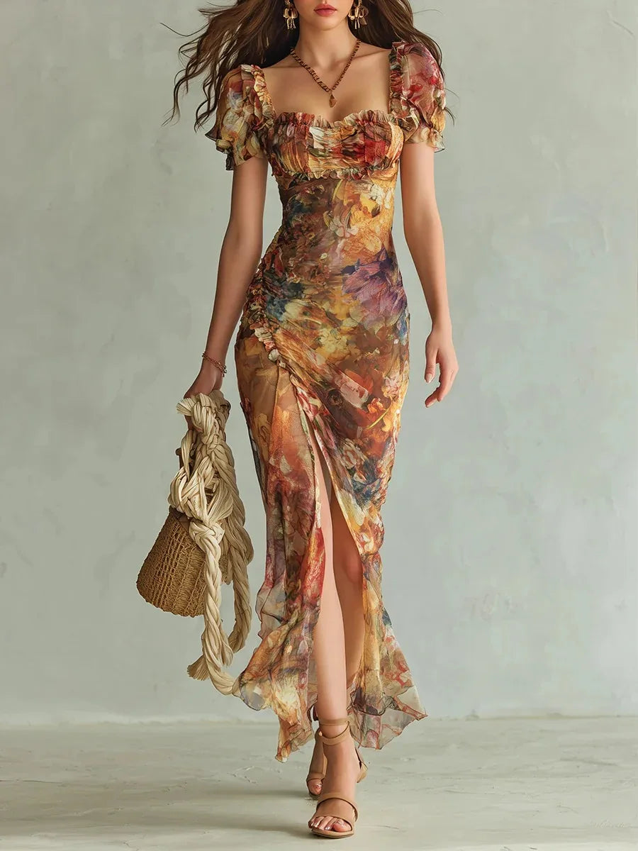 Elegant Lace Print Square Neck Tube Dress for Women