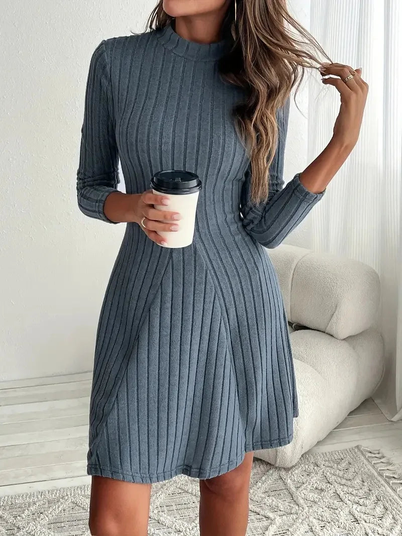 2026 New European and American Women's Slim Fit Half-Turtleneck Waist-Cinch A-Line Ribbed Long-Sleeve Dress