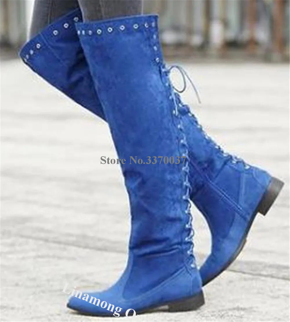 Suede Round Toe Lace-Up Knee-High Flat Boots for Women