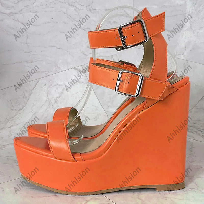 Yellow Open Toe Buckle Platform Wedge Sandals For Women