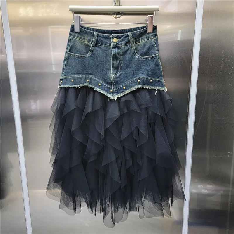 High Waist Patchwork Denim Ruffle Knee Length Skirt for Women
