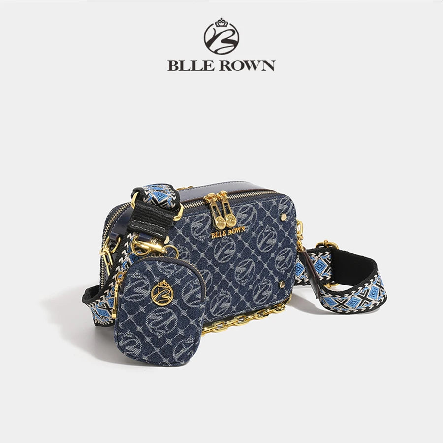 Retro Blue Metal Chain Square Shoulder Bag for Women