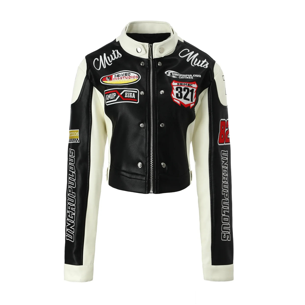 Contrasting Color Embroidered PU Leather Jacket for Women