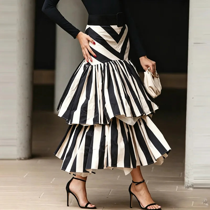 Striped High Waisted Asymmetric Tiered Maxi Skirt for Women