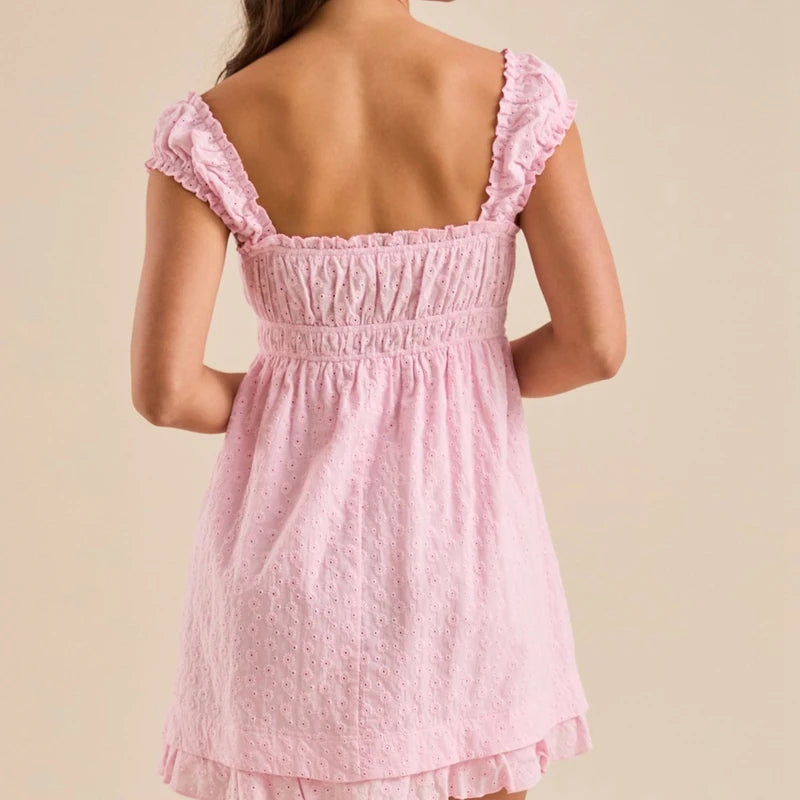 Summer Eyelet Ruffle Hem Babydoll Mini A-Line Dress for Women