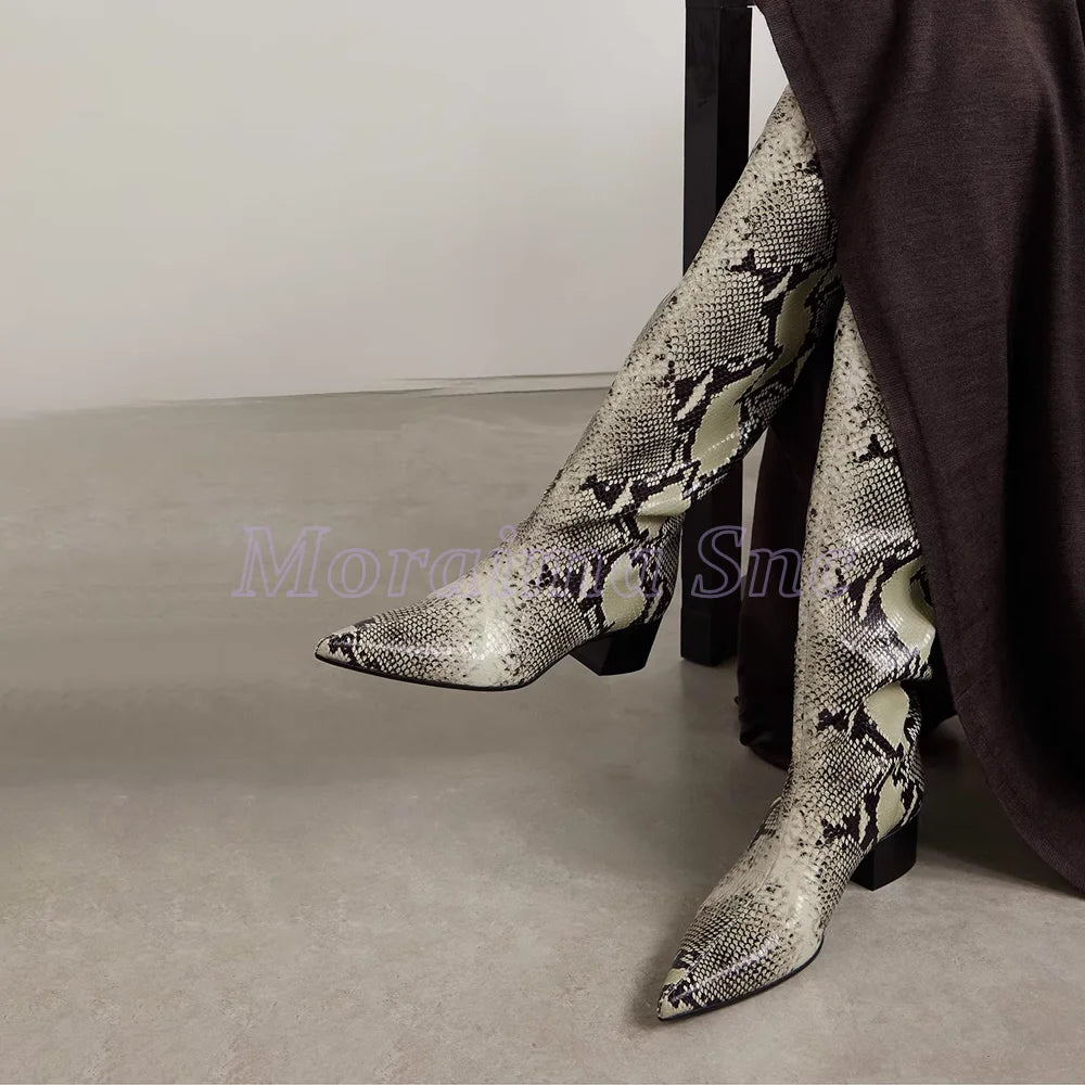 Python Pattern Pointed Toe Block Heel Knee High Boots For Women