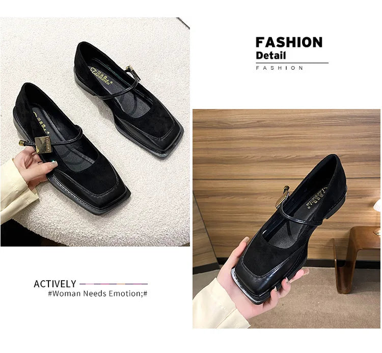 Retro Square Toe Low Heel Mary Jane Shoes for Women