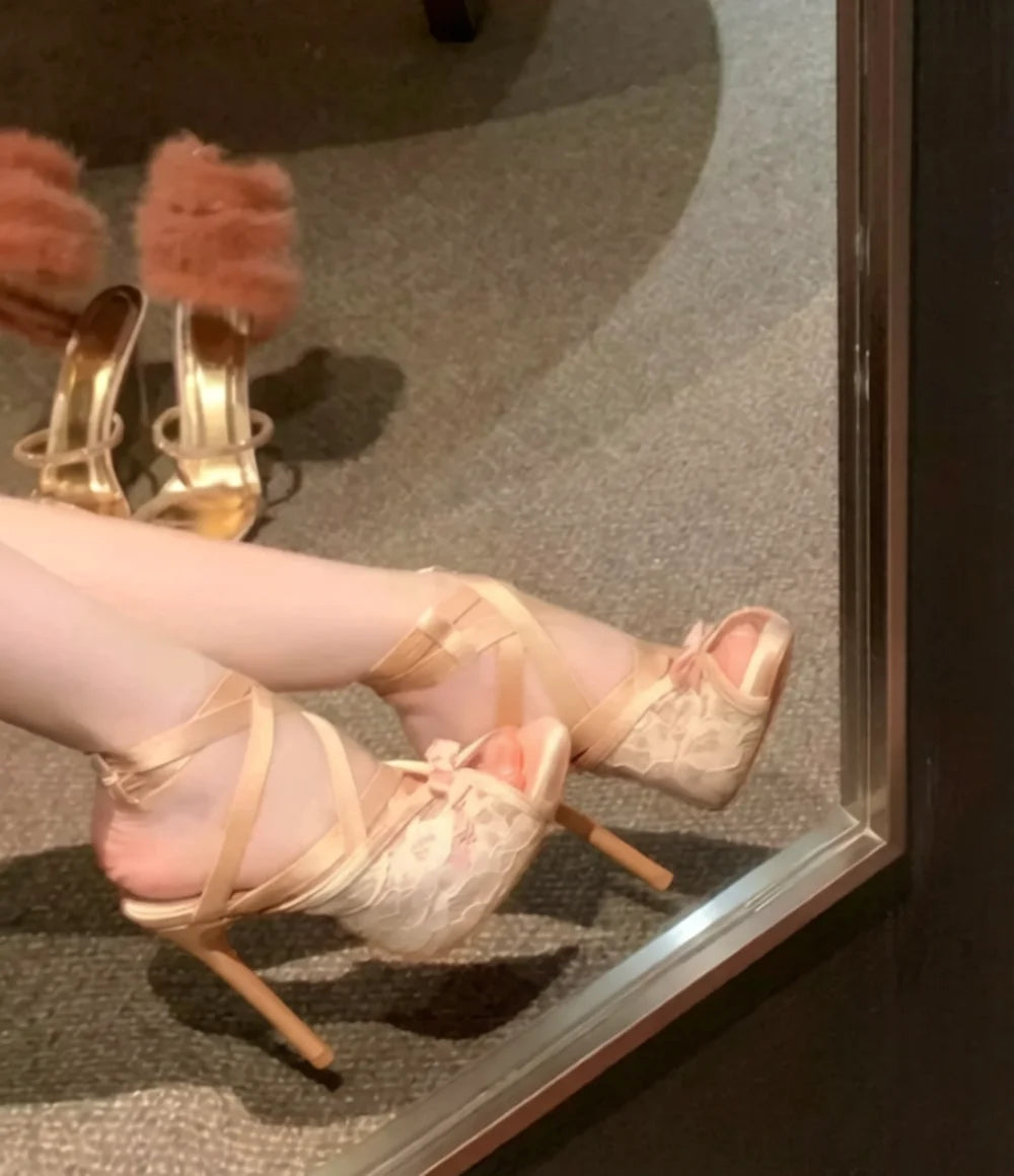 Champagne Lace Peep Toe Sandals