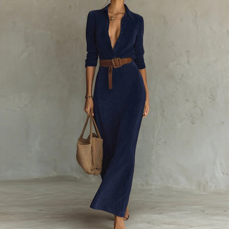 Elegant V Neck Patchwork Button Long Sleeve Maxi Dress for Women