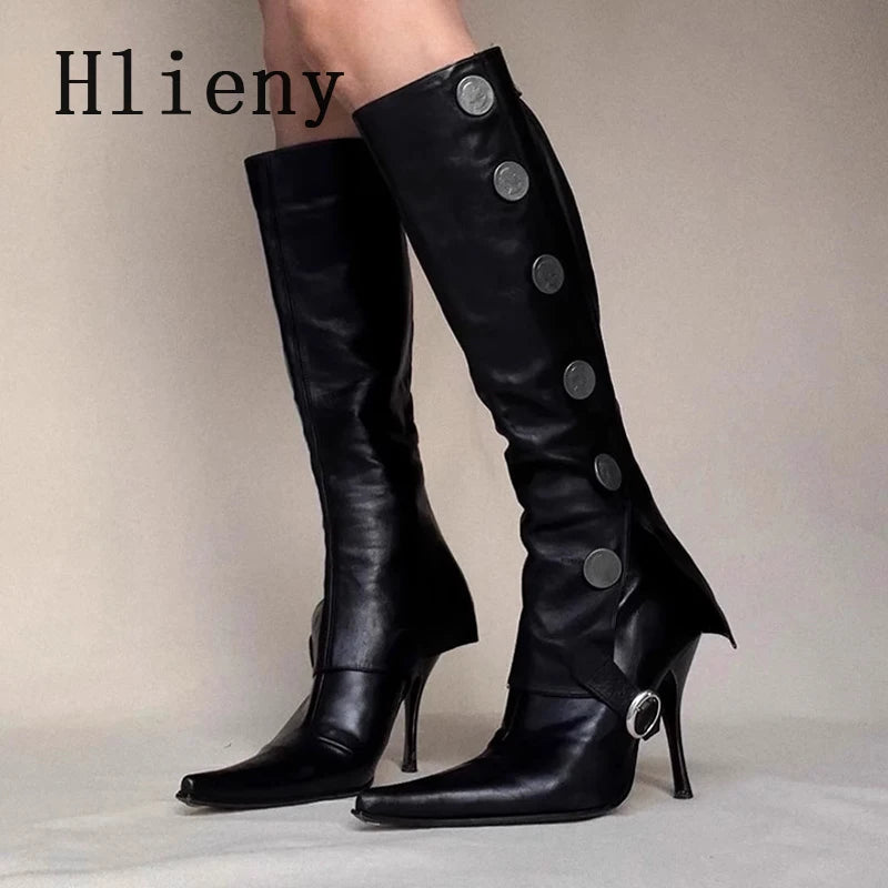 Button Detail Pointed Toe Knee High Boots for Women