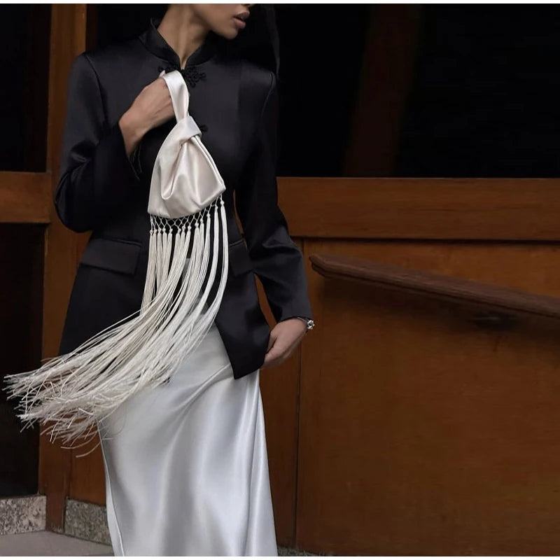 Chic Fringe Tassel Satin Waist Bag With Flowing Strap for Women
