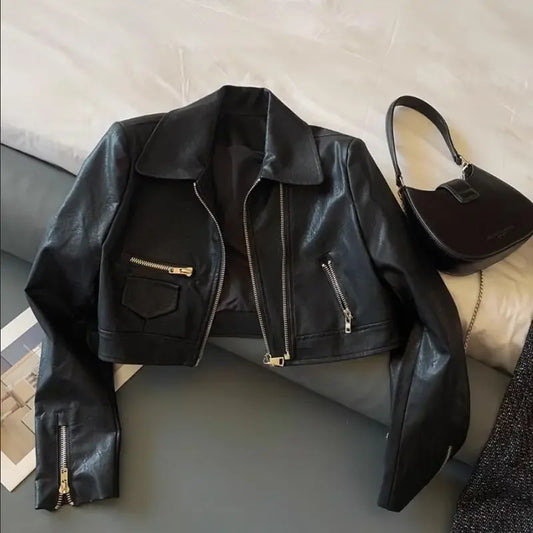 American motorcycle suit leather coat women's autumn new loose Joker double zipper high-grade washed leather short jacket