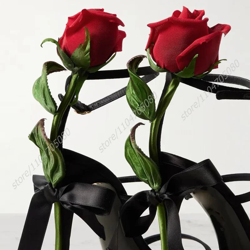 Elegant Black Leather Rose Flower Heel Sandals For Women