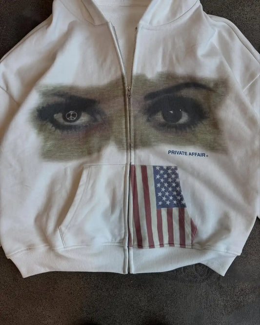 American Vintage Print Zipper Hooded Sweatshirt High Street Trend Zipper Hooded Sweatshirt Harajuku Y2k Zipper Hooded Sweatshirt