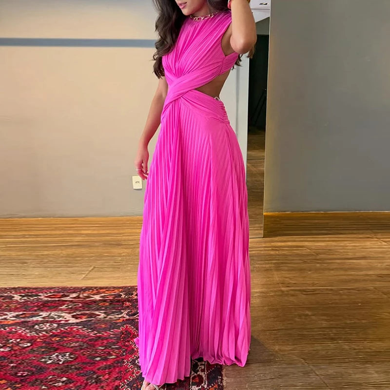 Elegant Backless Cross Pleated Maxi Dress for Women