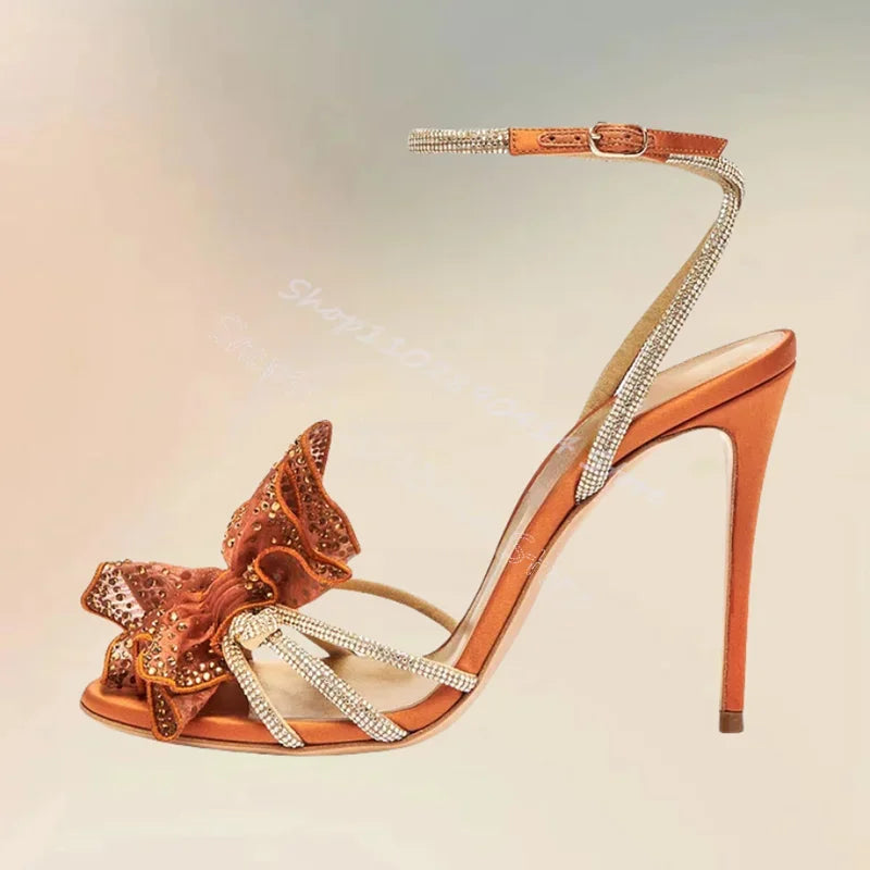 Gold Crystal Mesh Flower Open Toe With Ankle Buckle Sandals for Women