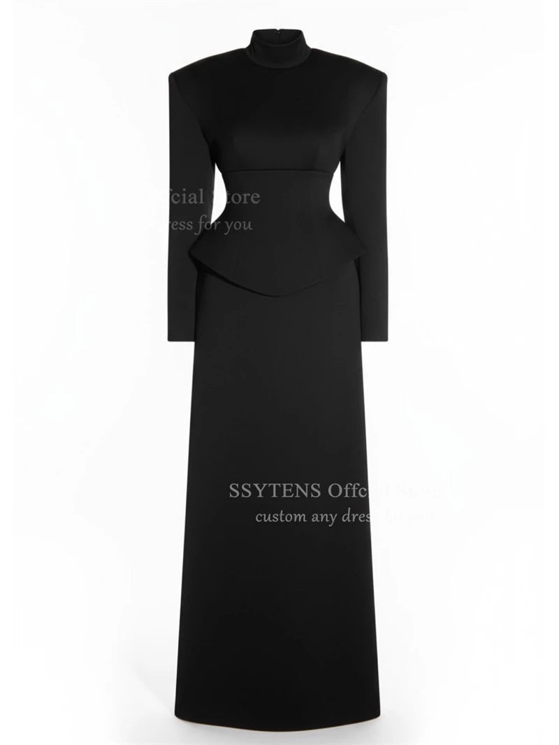 Chic Black Satin Mermaid Prom Dress With High-Neck Long Sleeve for Women