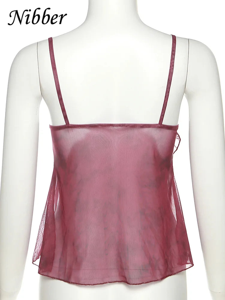 Nibber Mesh See Through Printed Vest Women Sexy Casual V-neck Sleeveless Suspender Camisole Patchwork Tank Top Streetwear