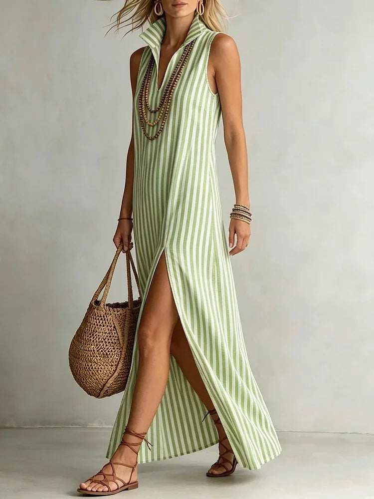 Striped Lapel Collar Sleeveless V Neck High Slit Maxi Dress for Women
