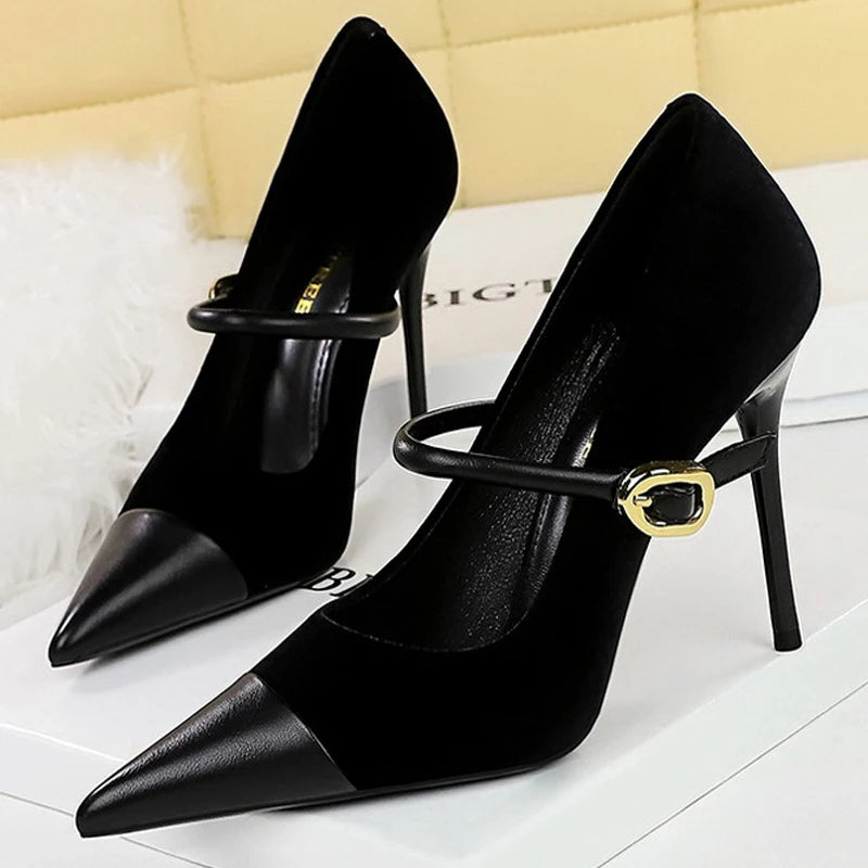 Suede Buckle Strap Pointed Toe Stiletto Pumps for Women