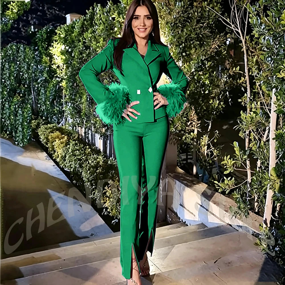 Luxury Feather Women's Suit Sim Fit Peak Lapel Jacket Pants with Split Fashion Outfit for Office Lady Party Business Wear