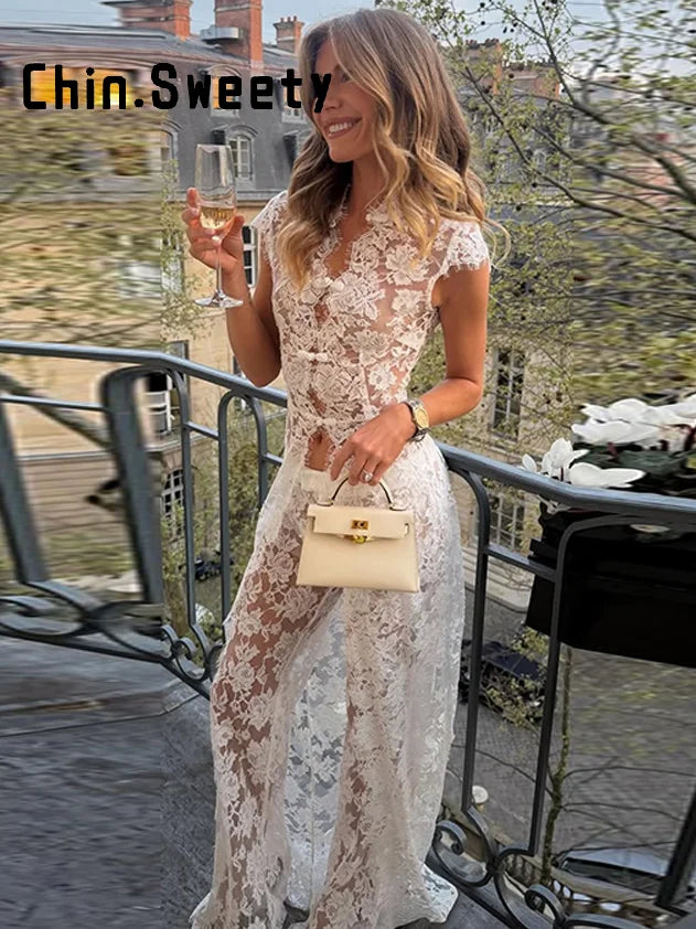 Elegant Lace Trim Two Piece Wide Leg Pant Set for Women
