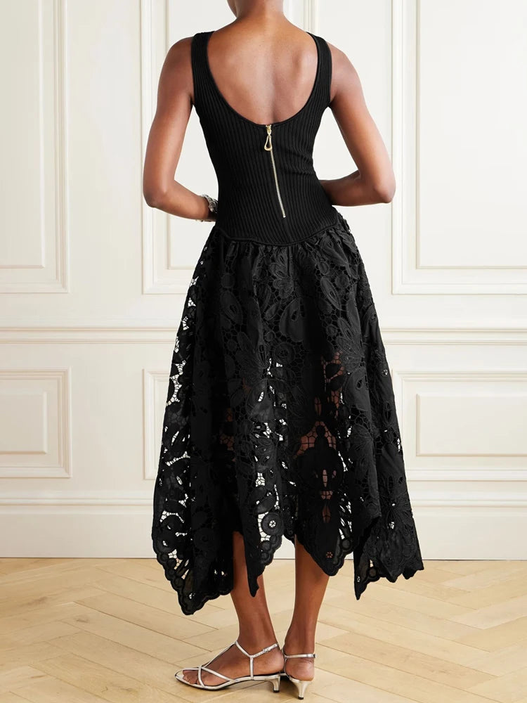 Black Patchwork O-Neck Sleeveless Party Dress for Women