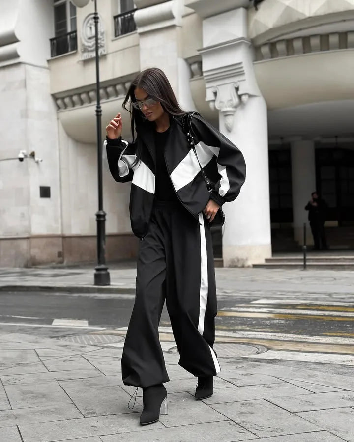 Casual Contrast Color Zipper Tracksuit Set for Women