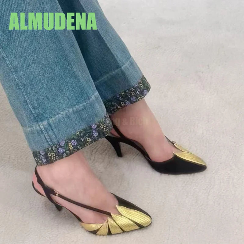 Pointed Toe High Heel Woven Color Block Sandals for Women