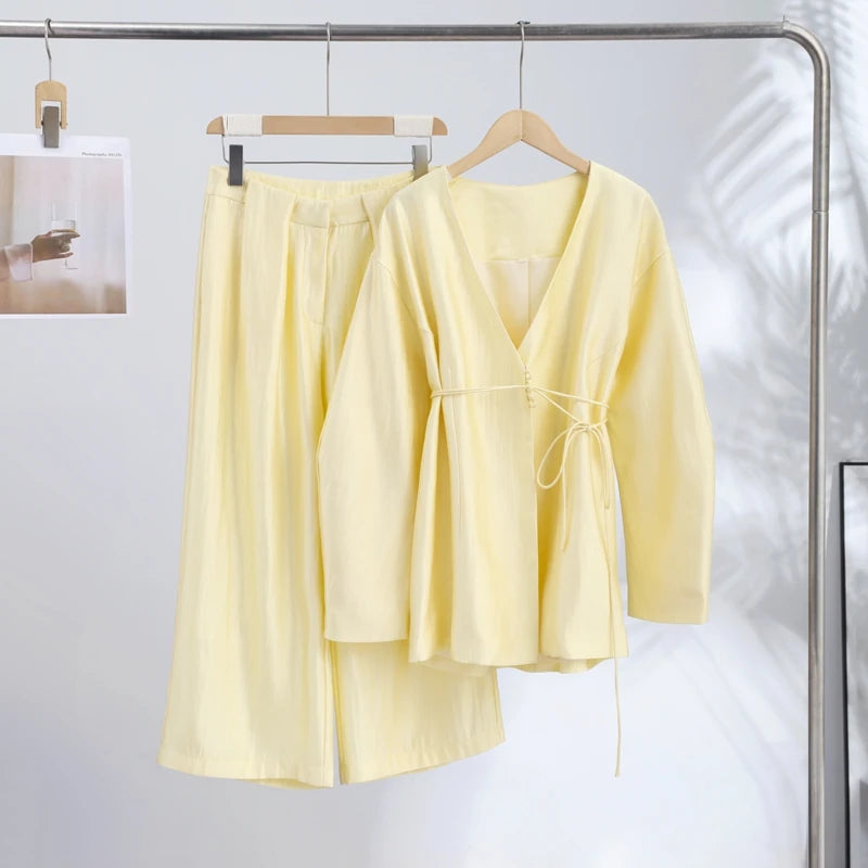 Lace Up Jacket and Wide Leg Pants Suit Set for Women