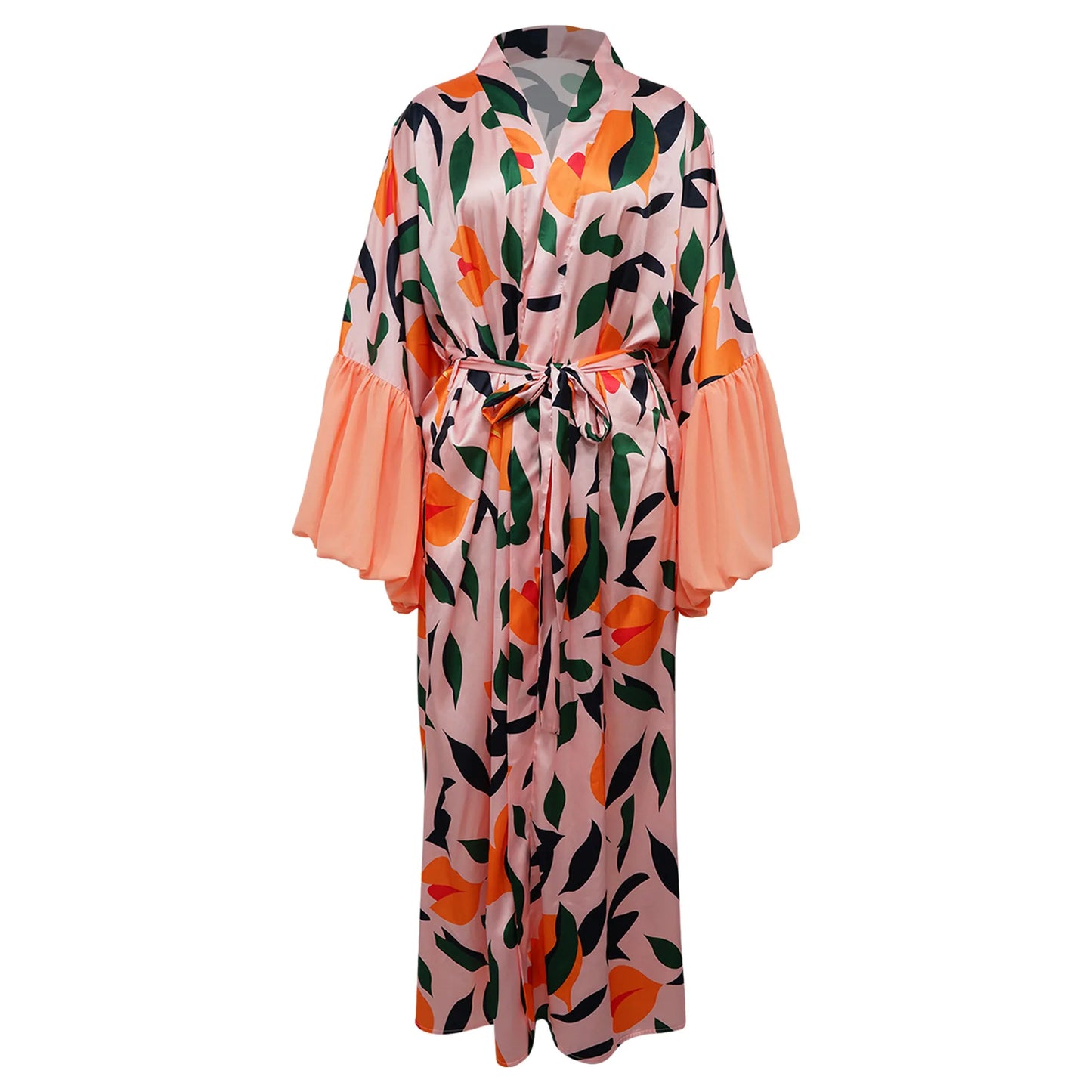 Vintage Floral Printed Chiffon Long Cardigan With Ruffle Sleeves for Women