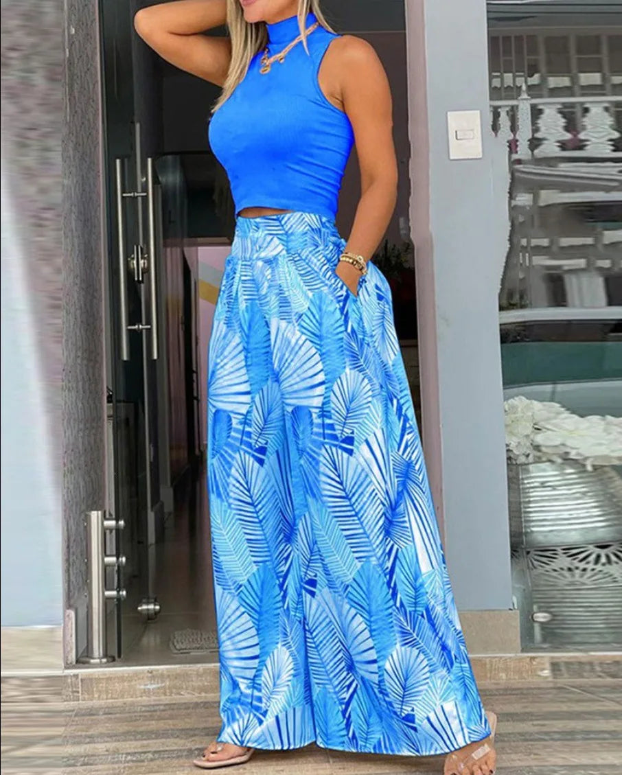 Printed Sleeveless Elegant Two Piece Set for Women