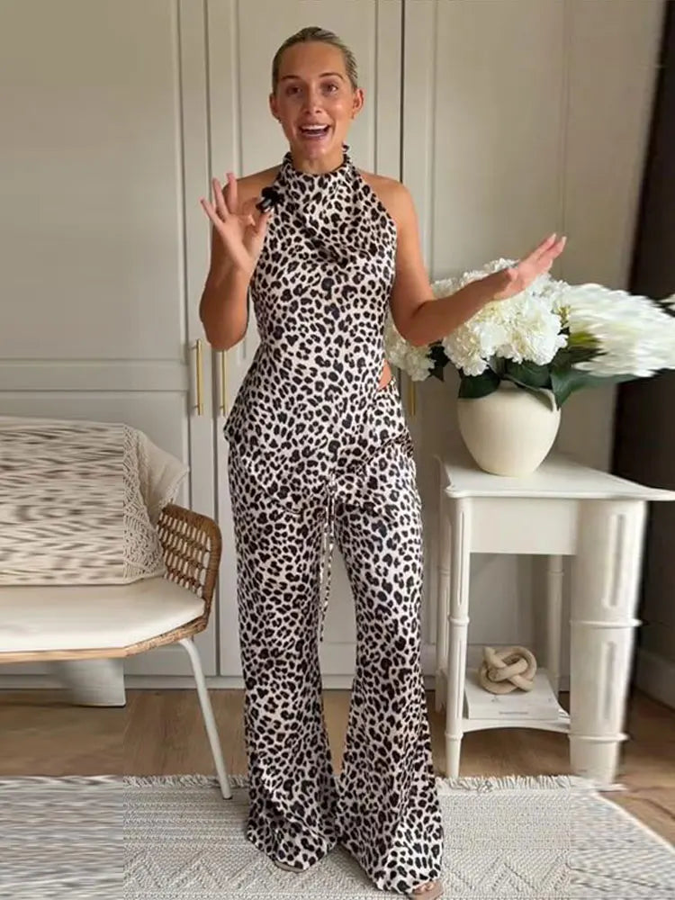 Leopard Print Halter Neck Top And High Waist Flare Pants Set For Women