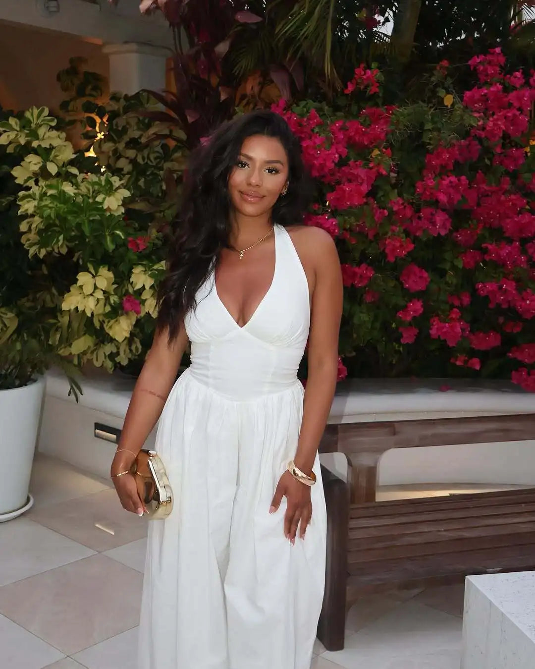 Elegant V-Neck Halter Solid Wide-Leg Jumpsuit for Women
