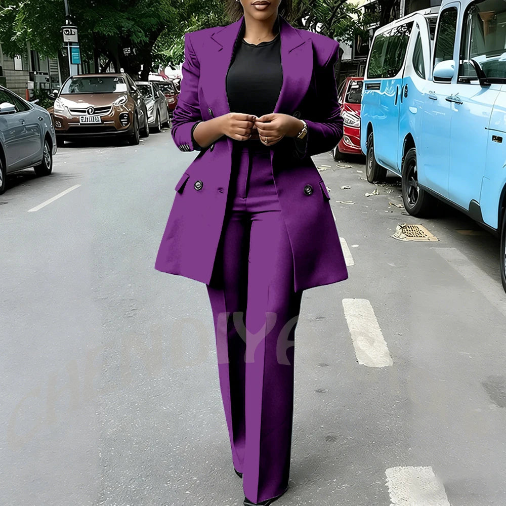 High Quality Women Suits Double Breasted Straight Formal 2 Piece Jacket Pants Peak Lapel High Street Daily Office Casual Suit